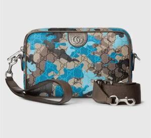 Gucci GG Supreme Blue Camo Small Crossbody Camera Bag Double G Unisex NWT